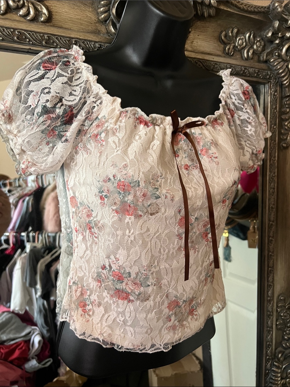Lace Floral Puff-Sleeve Peasant Top - Cream with Pink Floral
